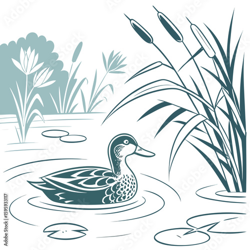 Illustration of a duck swimming in a pond surrounded by cattails, grass, trees, and clouds in the sky view