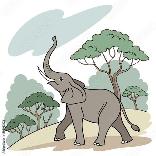Elephant walking through a grassy area with trees in the background in a monochrome color scheme