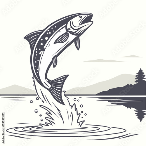 Illustration of a jumping salmon fish with pink spots and stripes over water with cloud background