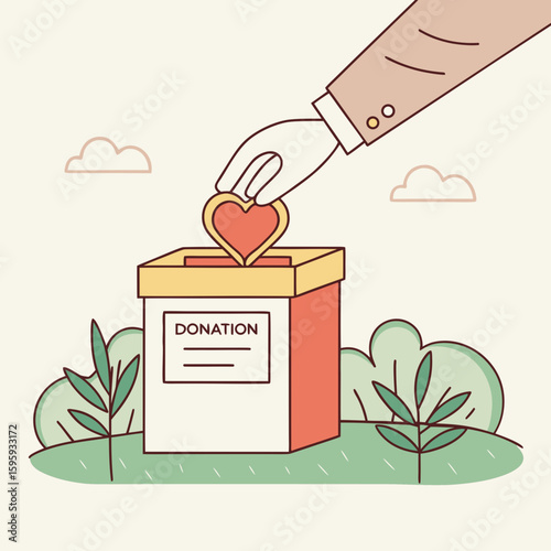 Hand placing heart card into box filled with cards displaying hearts and dollar signs illustration