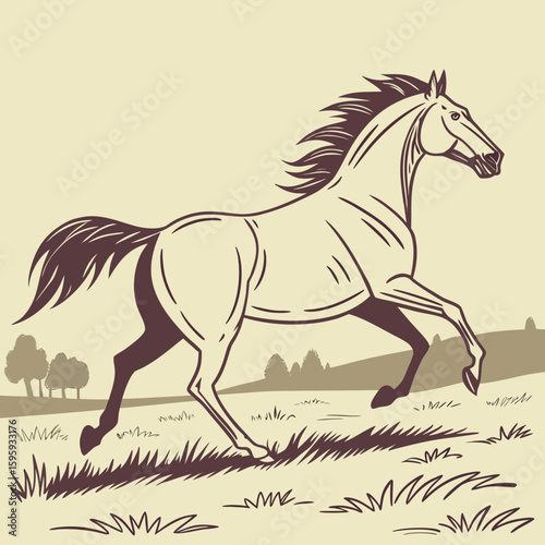 A horse galloping across a field with hills and clouds in the background in a vintage comic style art
