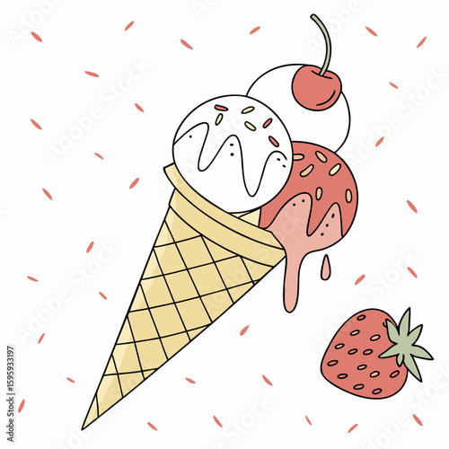 Illustration of a waffle cone filled with three scoops of ice cream and drizzled with syrup design