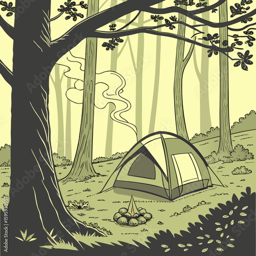 Illustration of a camping scene with a tent, campfire, backpack, and trees in a forest setting outdoors