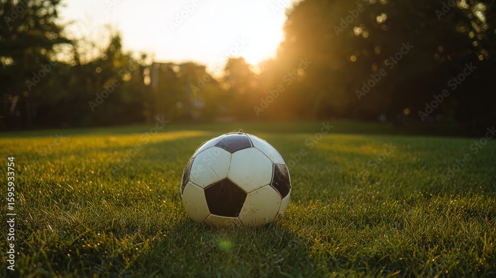 Obraz premium Soccer ball on a grassy field during golden hour, highlighting the excitement of the game.