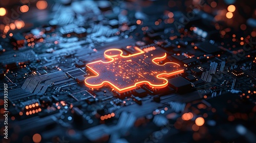 Futuristic 3D render of a glowing puzzle piece on a dark blue circuit board with bokeh lights. 