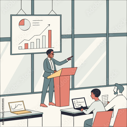 Illustration of a man presenting data at a podium with audience and graphs on a screen behind him