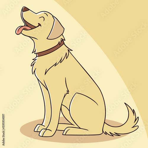 Illustration of a golden retriever sitting with its tongue out and wearing a brown collar happily looking up