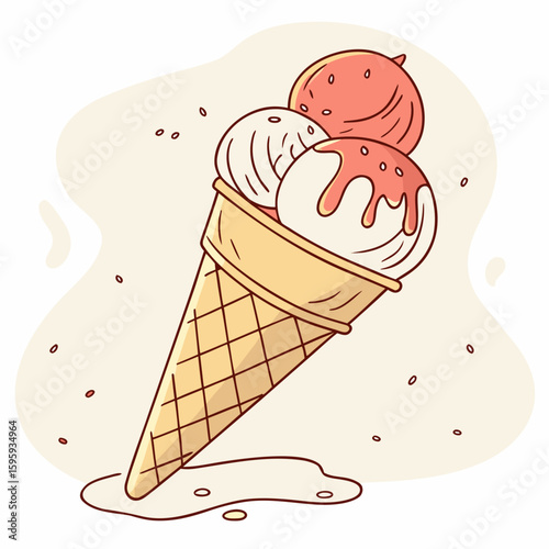 Illustration of a waffle cone filled with three scoops of ice cream and drizzled with syrup design