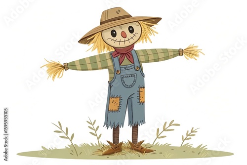 Scarecrow flat vector illustration straw figure tattered clothing stylized design on White Background