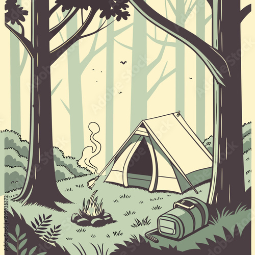 Illustration of a camping scene with a tent, campfire, backpack, and trees in a forest setting outdoors