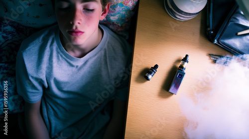 Vaping teen next to asthma inhaler, irony, contrast, health conflict, danger, awareness, bedroom desk