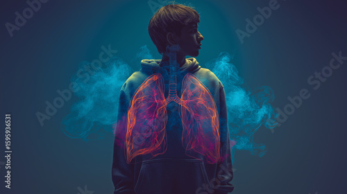 Lungs visualized behind vaping teen, warning, internal harm, young health, visual metaphor, addiction, medical studio, composite shot