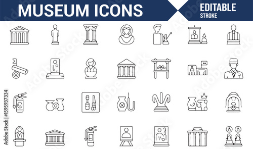 Various Museum Icons Including Statues, Exhibits, and Architecture
