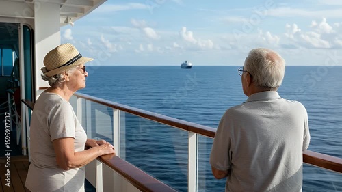 Seniors on a cruise ship balcony, gazing at the ocean