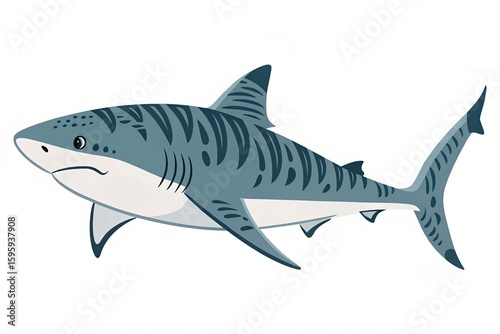 Flat vector illustration of a tiger shark with gray body tiger stripes streamlined shape sleek and minimal design modern aesthetic on white background