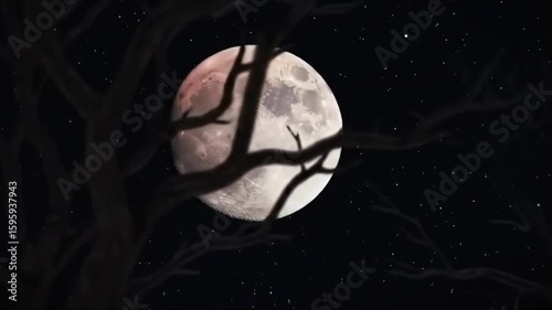 Lunar Eclipse with Red Moon and Swaying Tree Silhouettes at Night