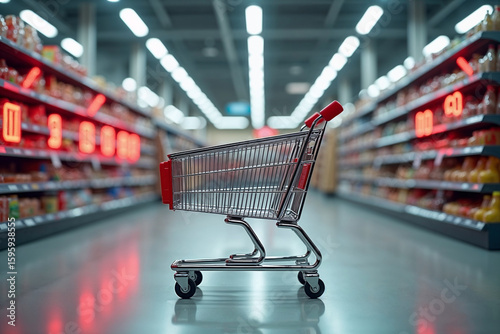 Wallpaper Mural Empty Shopping Cart in Modern Grocery Store Aisle with Digital Prices Torontodigital.ca