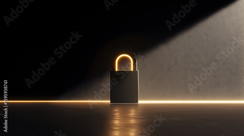Black padlock with golden shackle stands in a spotlight against a dark background.