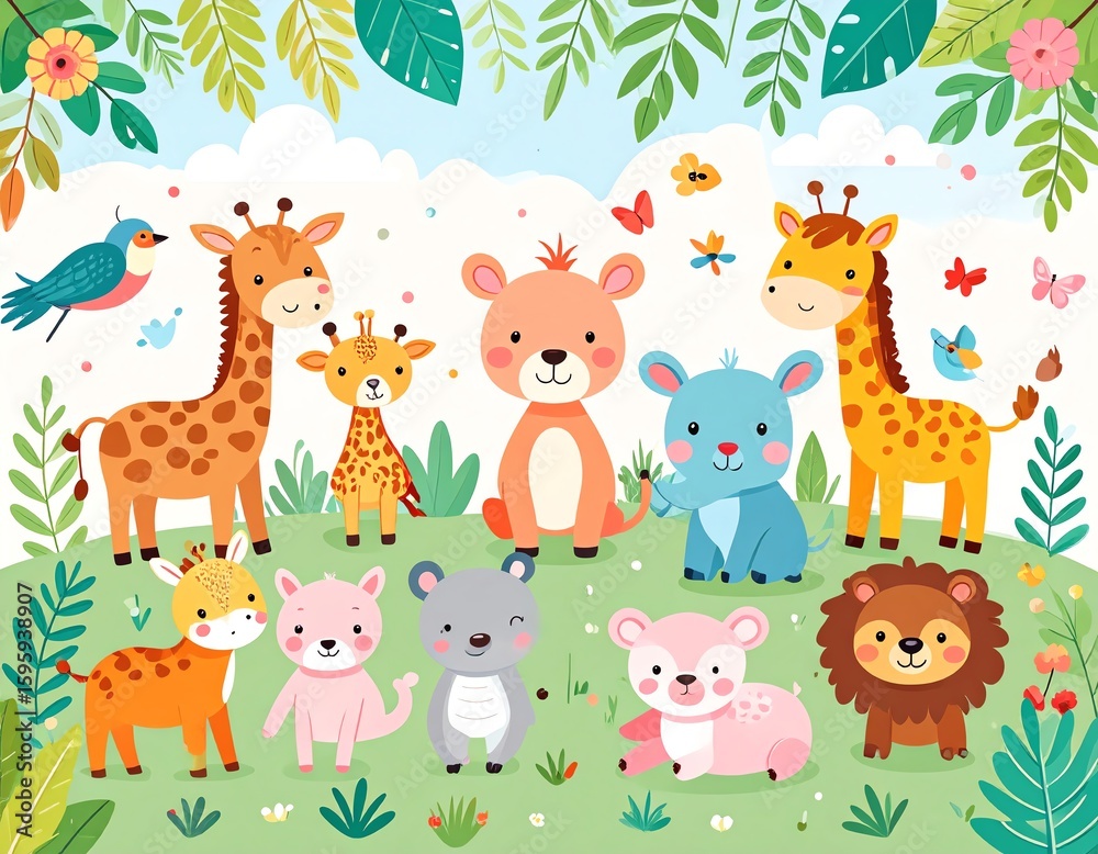 Naklejka premium Colorful cartoon animals in a fun jungle scene.