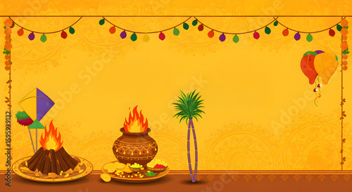 Colorful Festive Background with Fire Pot, Yellow Garland and Kites Illustration. For Makar Sankranti Event