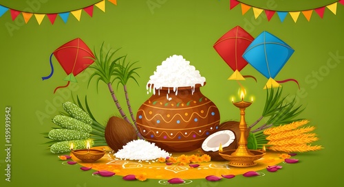 Festive Harvest Still Life with Brown Clay Pot and Colorful Kites on Green Background. For Makar Sankranti Event