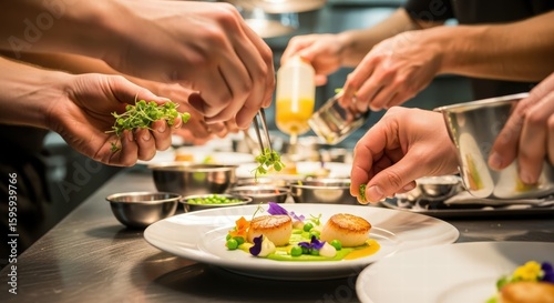 A team of chefs meticulously plates an elegant seafood dish, adding garnishes with precision and care.