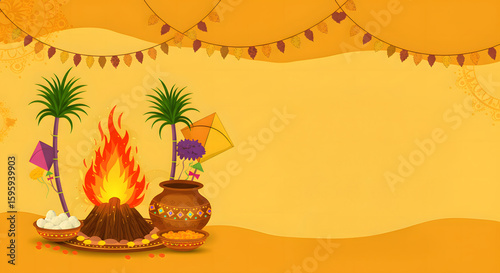 Festive Orange Background Featuring Traditional Bonfire, Palm Trees and Kites. For Makar Sankranti Event