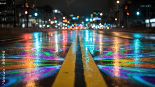 Urban Wet Road with Neon Holographic Guidance Signals