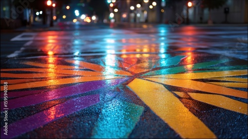 Reflective Wet Asphalt Showing AR Traffic in Neon Colors