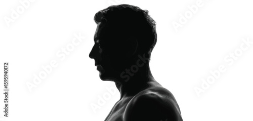 Silhouette of a man s head and shoulders in profile against a white background