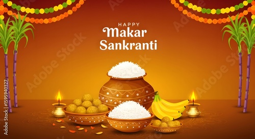 Makar Sankranti Festive Still Life with Rice, Fruits, and Flowers
