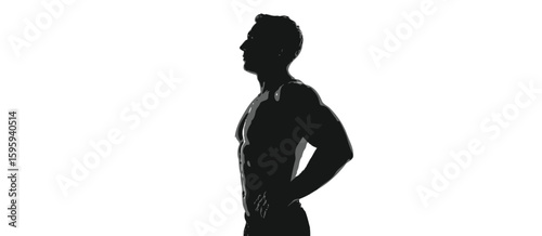 Muscular man silhouette standing profile view against white background