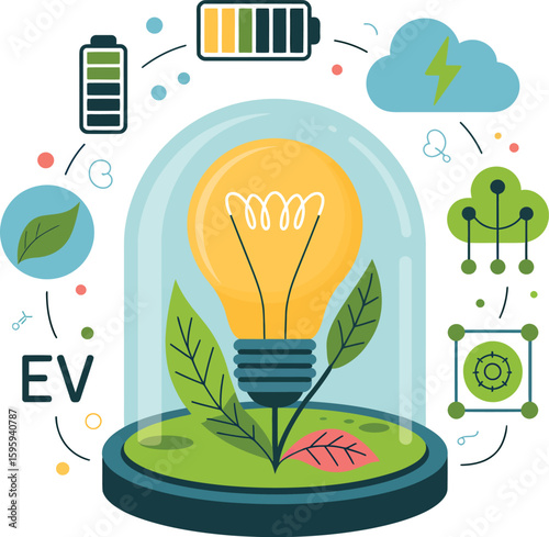 Concept of sustainable electric vehicle innovation and green energy solutions under protection Vector Design