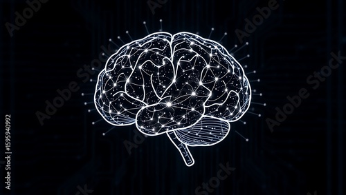 White brain illustration with connecting dots and lines on a black background design concept art