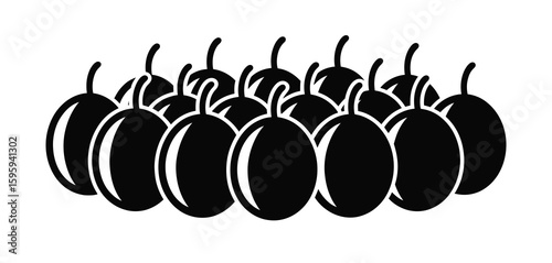 A cluster of stylized black plums with stems on a white background