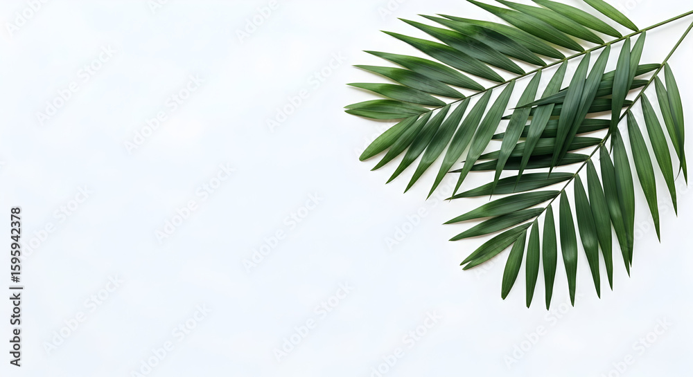 Obraz premium Green Palm Leaf on White Background Minimalist Tropical Layout