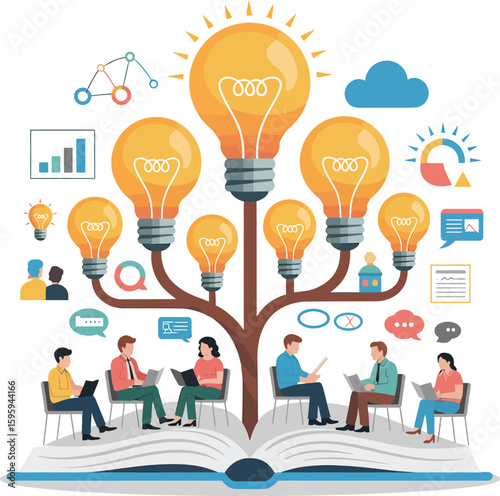 Diverse team collaborating on a book fostering innovation and generating bright ideas symbolized by a lightbulb tree Vector Design