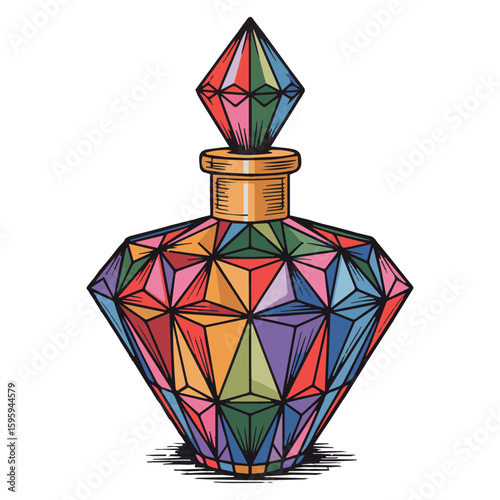 Vintage perfume bottle illustration with colorful geometric design vector graphic resource art
