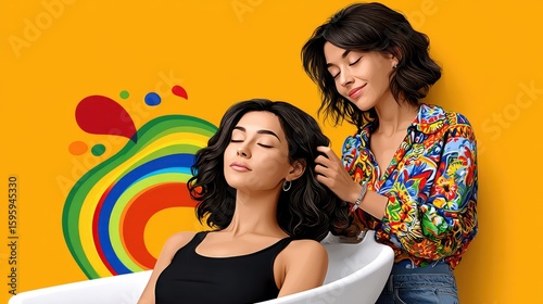 Happy woman getting hair styled in bright salon