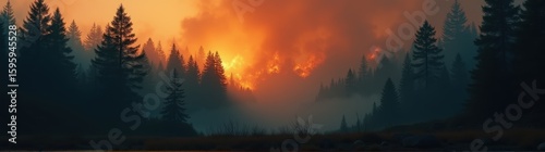 Trees are in the foreground of a fire that is burning danger