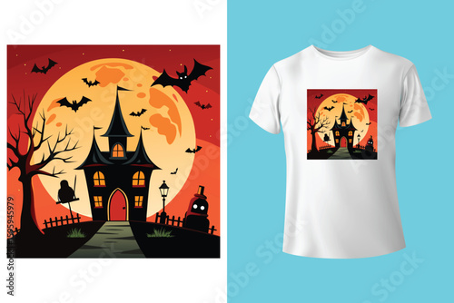 Girl in template blank black tshirt with halloween ,fall ,orange pumpkin home design. Black t shirt model mock up