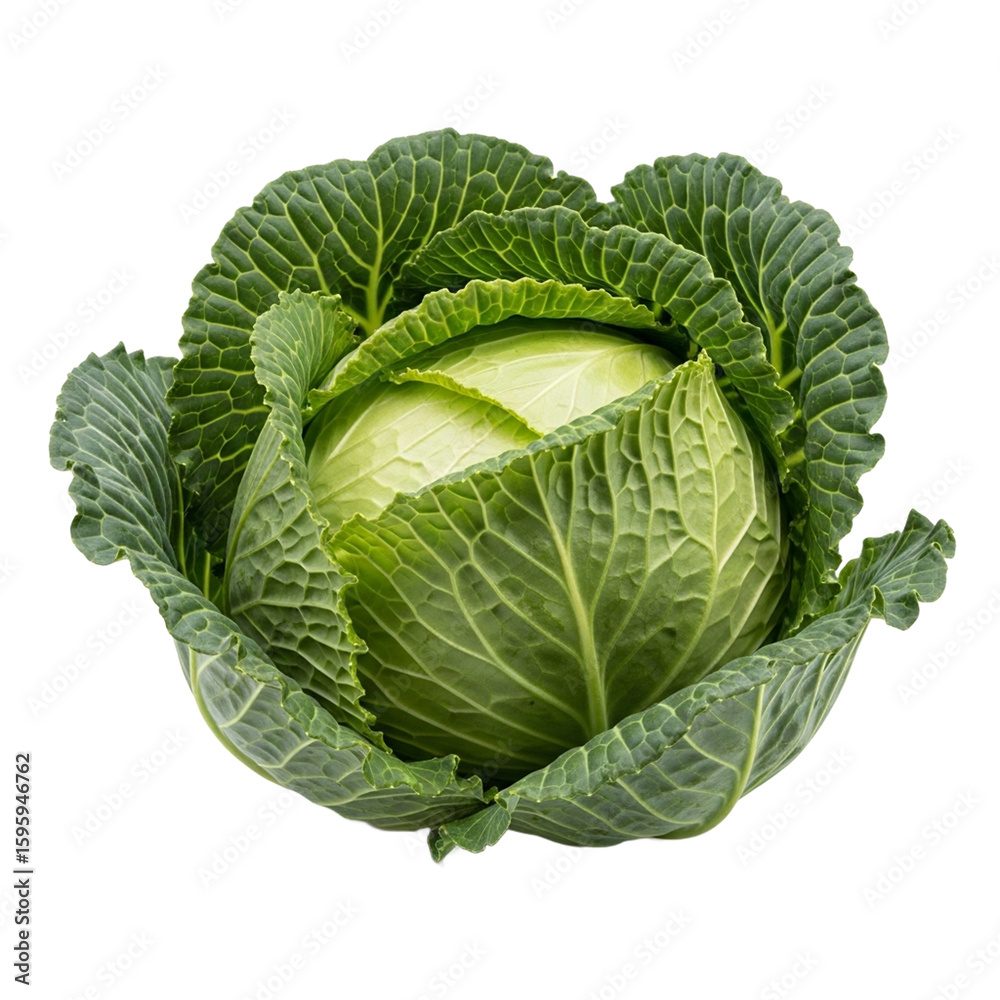 Fototapeta premium A whole head of fresh savoy cabbage with crinkled veiny dark green outer leaves and a compact pale green core. PNG Transparent