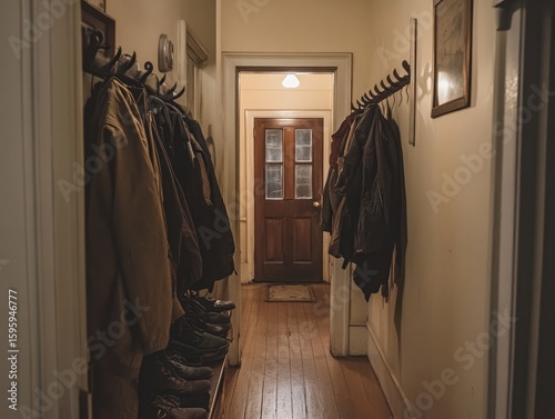 Photo of a hallway with an overflowing shoe rack and jackets hanging loosely on hooks