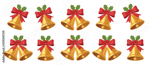 Collection of golden christmas bells with red ribbons and holly berries