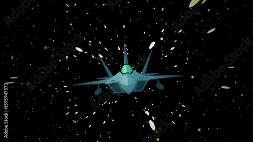 Futuristic fighter jet soars through space, navigating a cosmic landscape of stars and celestial debris, embodying advanced technology and interstellar travel.