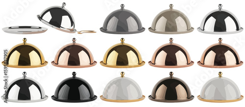 Collection of metal cloches and food domes in various colors and styles