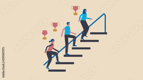 People are climbing stairs with a railing to reach trophies in a business growth illustration