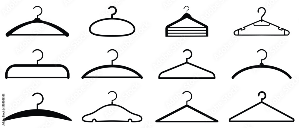 Fototapeta premium Clothes hanger icon. Set of clothes hanger vector icons. Hanger for cloakroom or closet. Hang for coat, shirt or suit. Clothes hanger silhouette collection. Clothing and Wardrobe Vector Icons