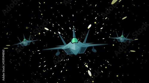 Fighter jets fly through space, surrounded by stars and debris, creating a dynamic and futuristic scene.