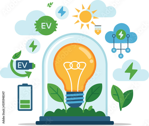 Light bulb with plants under glass dome symbolizing green energy and electric vehicles Vector Design